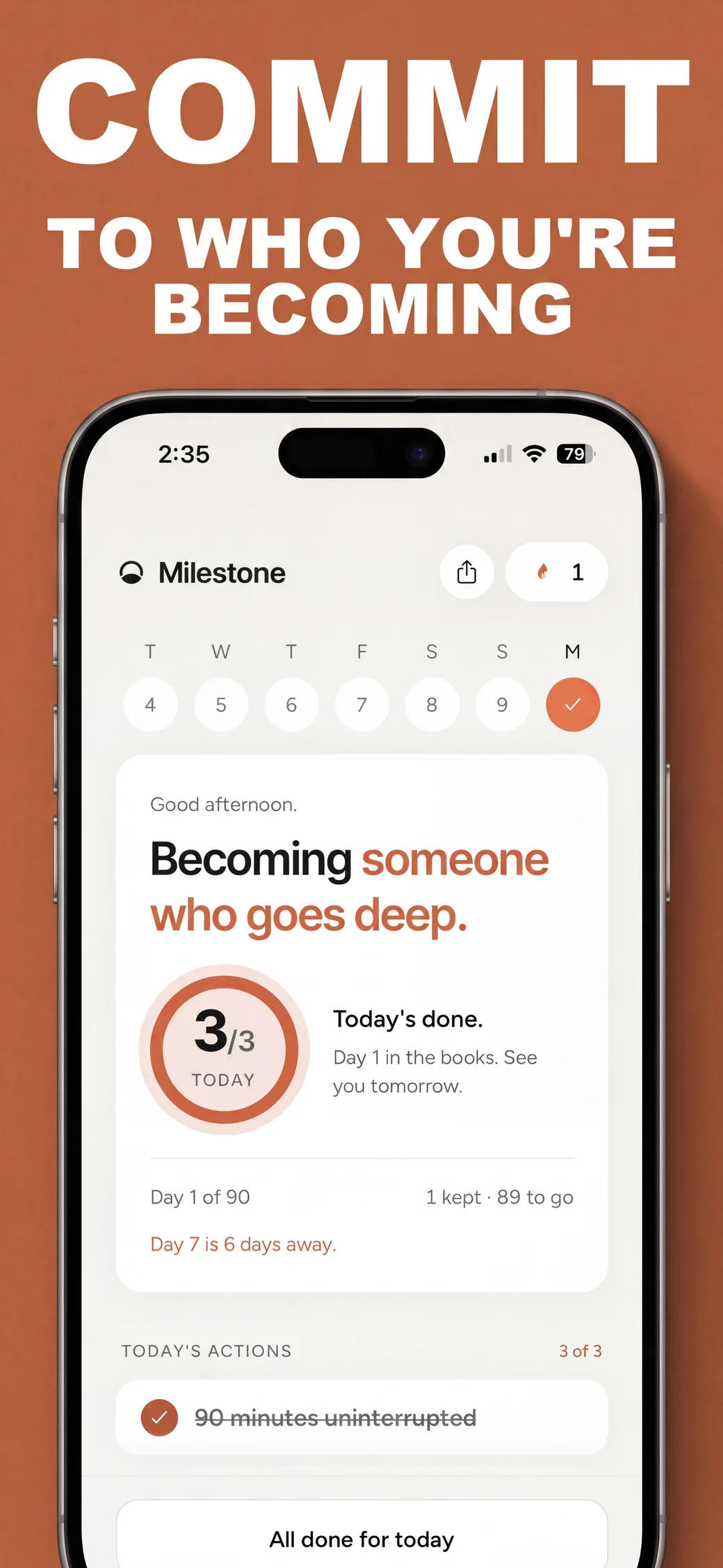 Milestone challenge dashboard showing daily rules and progress