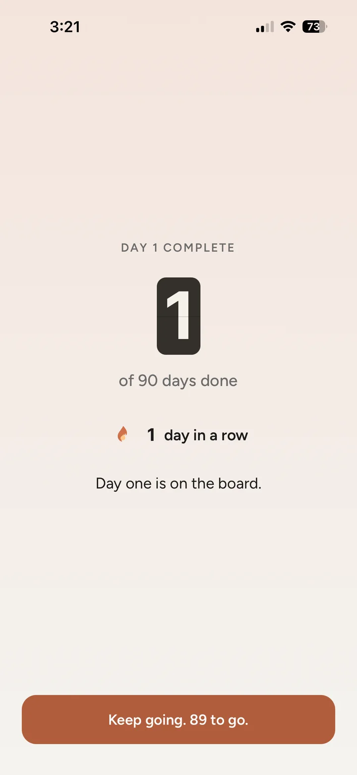 Milestone day-complete screen marking one of ninety days