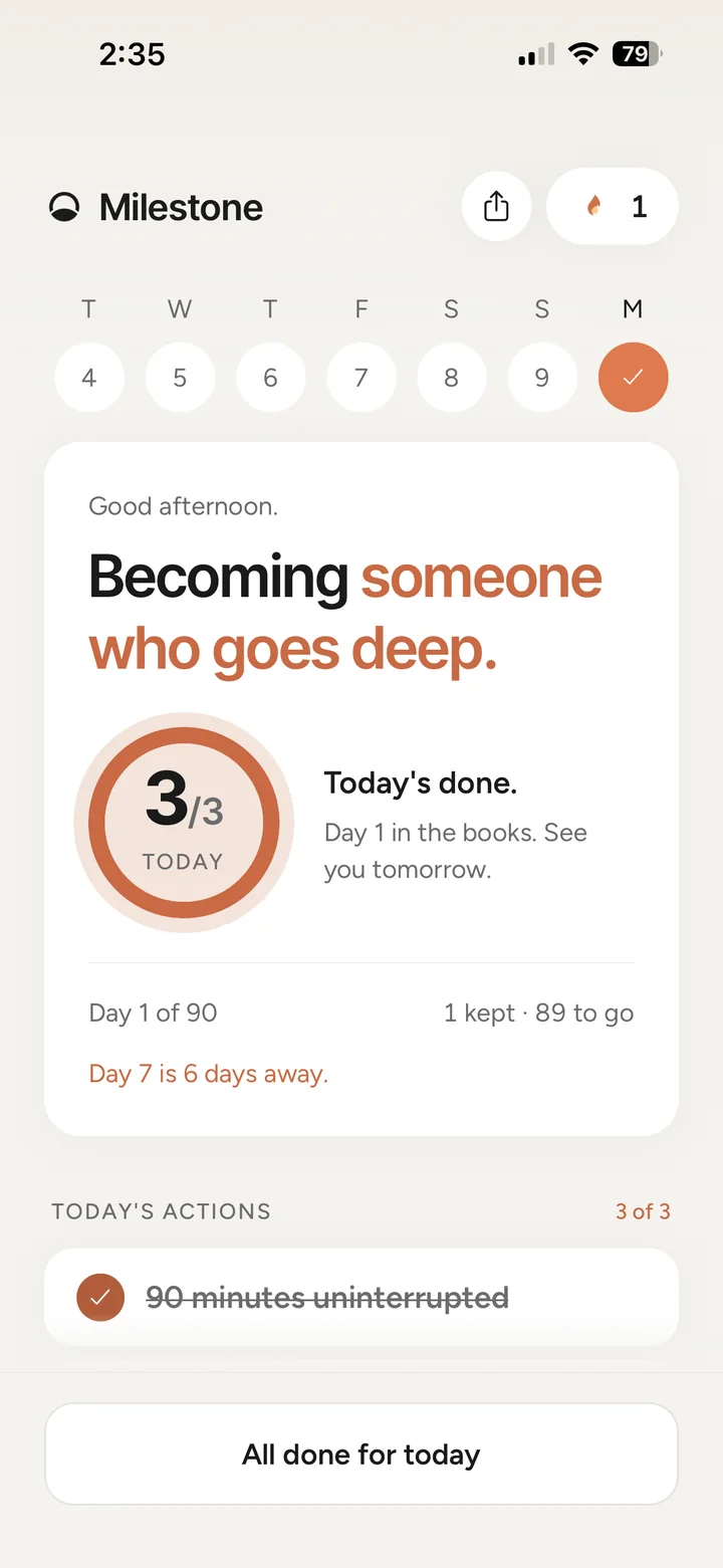 Milestone home screen with a challenge, daily rules, and progress
