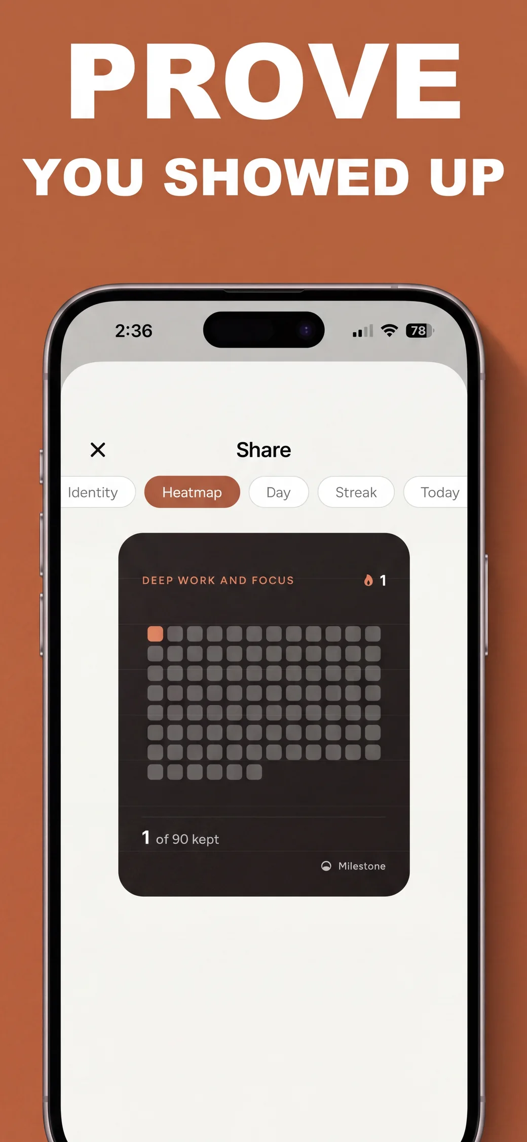 Milestone share screen with a completed challenge heatmap