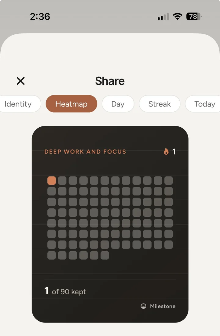 A Milestone share card with a challenge heatmap